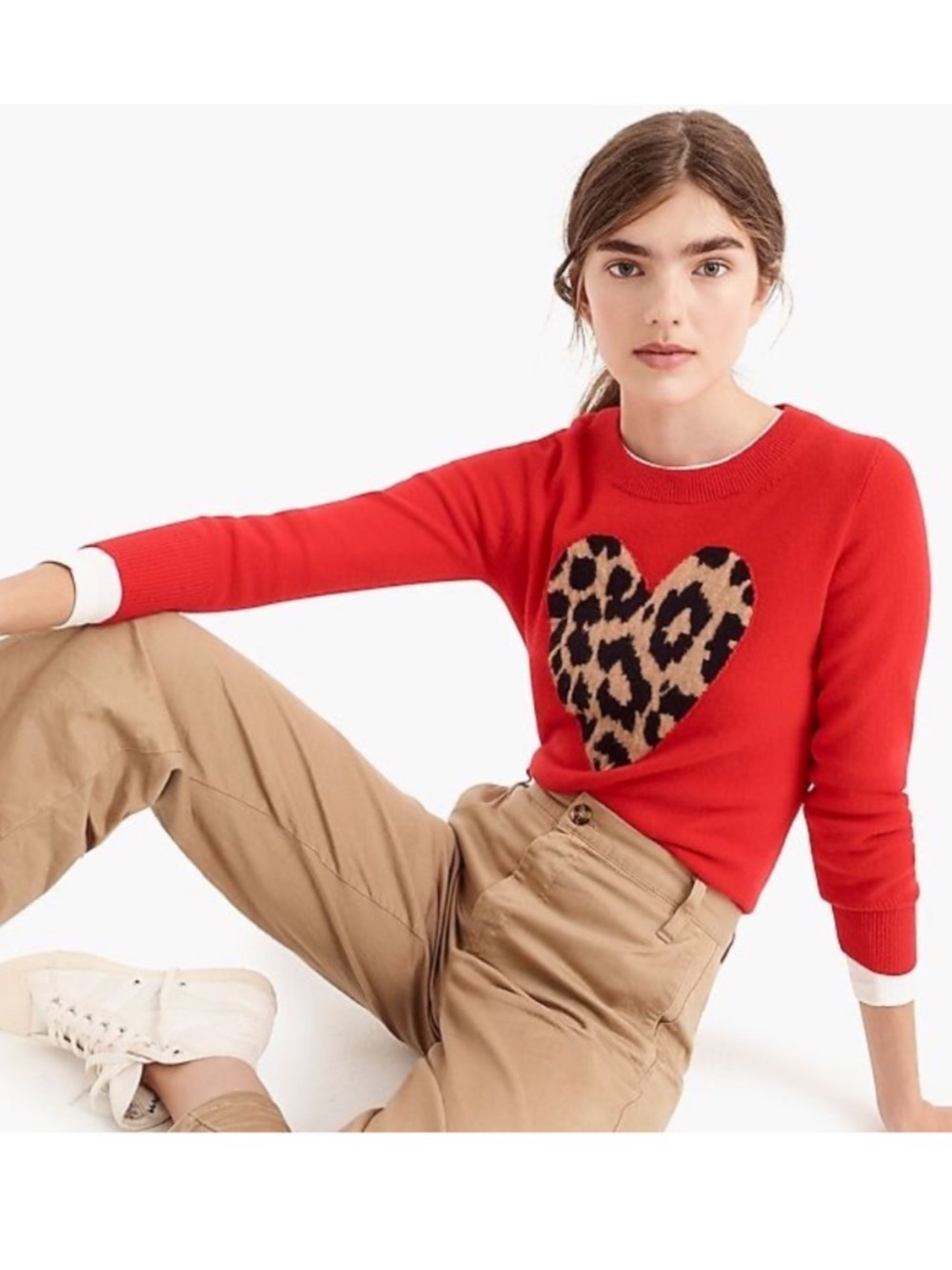 J Crew Cashmere Everyday Crewneck Red Heart Leopard-Print Crewneck Sweater